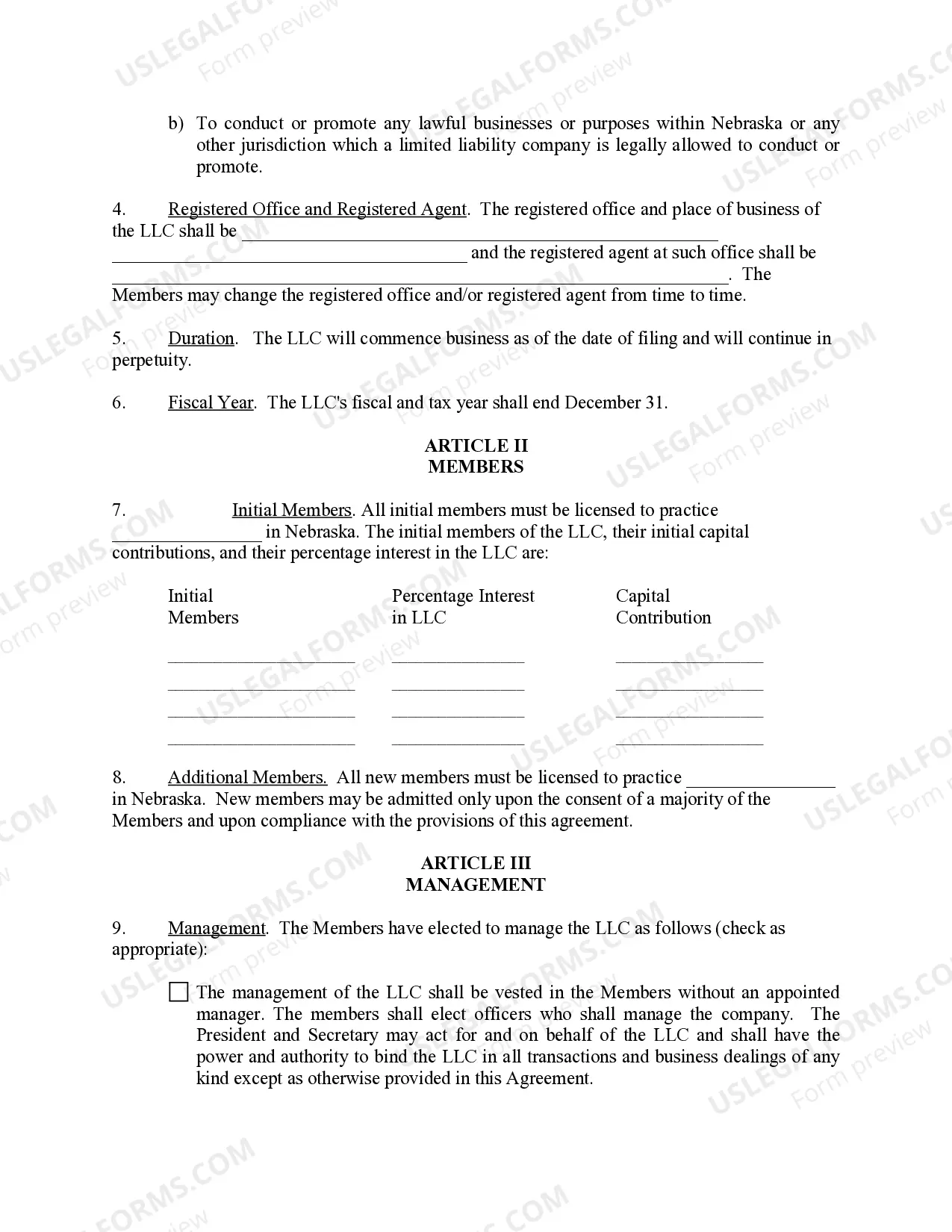 Preview Nebraska Professional Limited Liability Company PLLC Formation Package