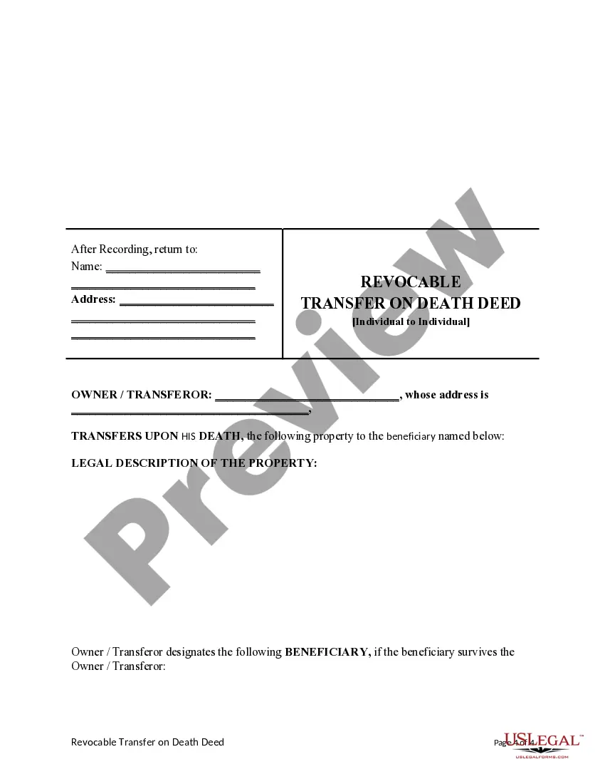 Preview Transfer on Death Deed or TOD - Beneficiary Deed - Individual to Individual with provision for Alternate Beneficiary