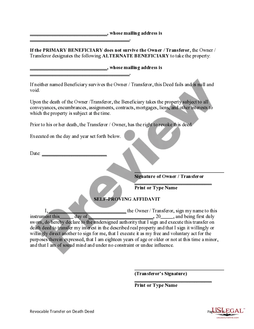 Preview Transfer on Death Deed or TOD - Beneficiary Deed - Individual to Individual with provision for Alternate Beneficiary