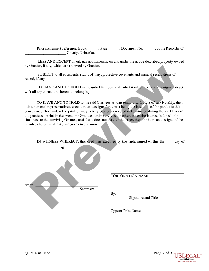 Nebraska Quitclaim Deed From Corporation To Husband And Wife Us Legal Forms 8367