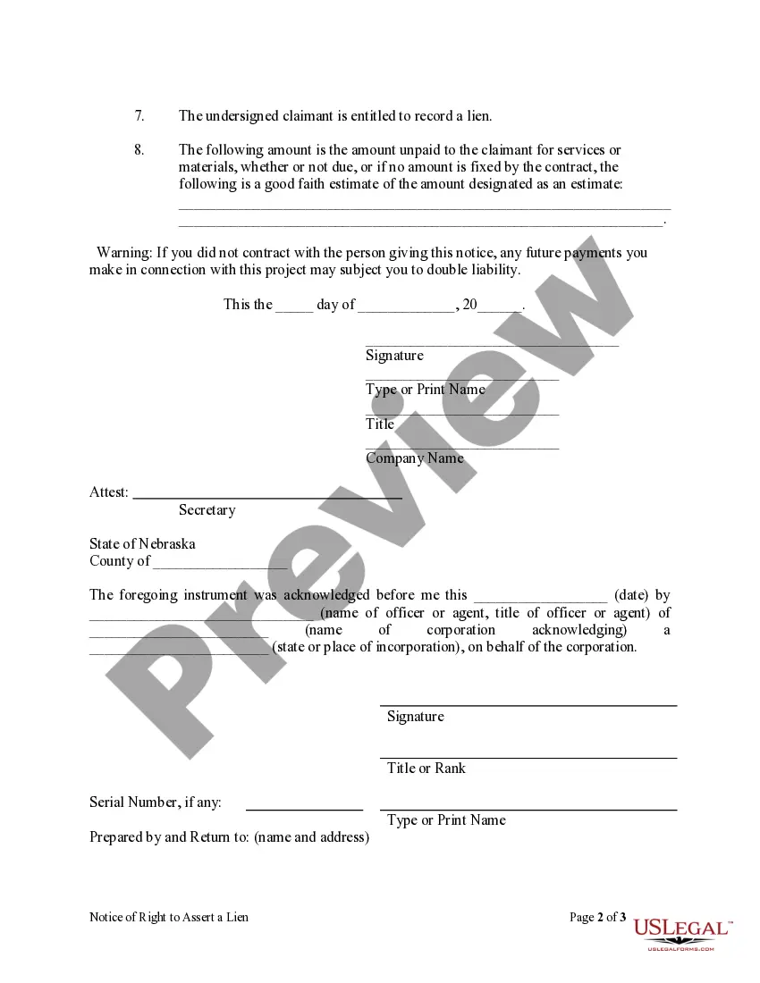 Preview Notice of Right to Assert a Lien - Corporation