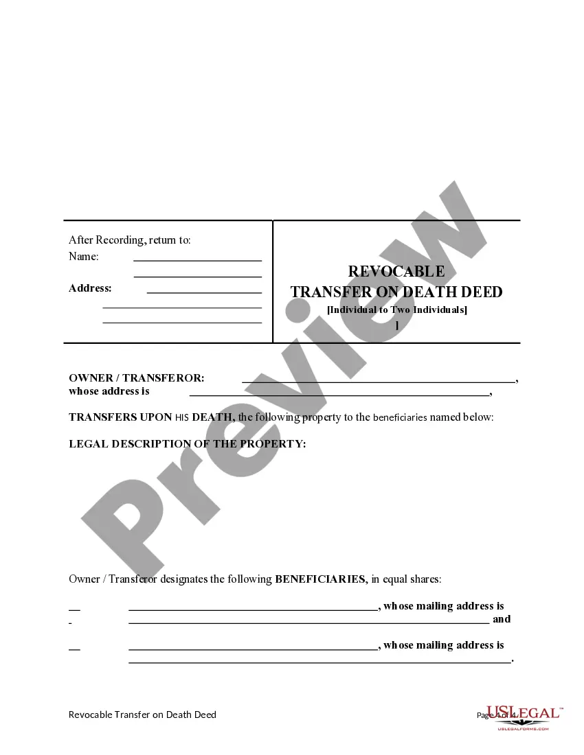 Preview Transfer on Death Deed or TOD - Beneficiary Deed - Individual to Two Individuals without provision for Alternate Beneficiary