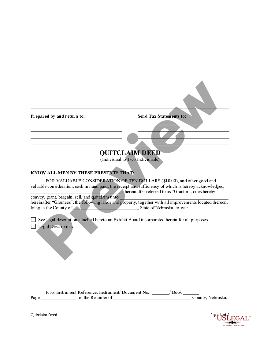 Nebraska Quit Claim Deed With Right Of Survivorship Us Legal Forms 0061