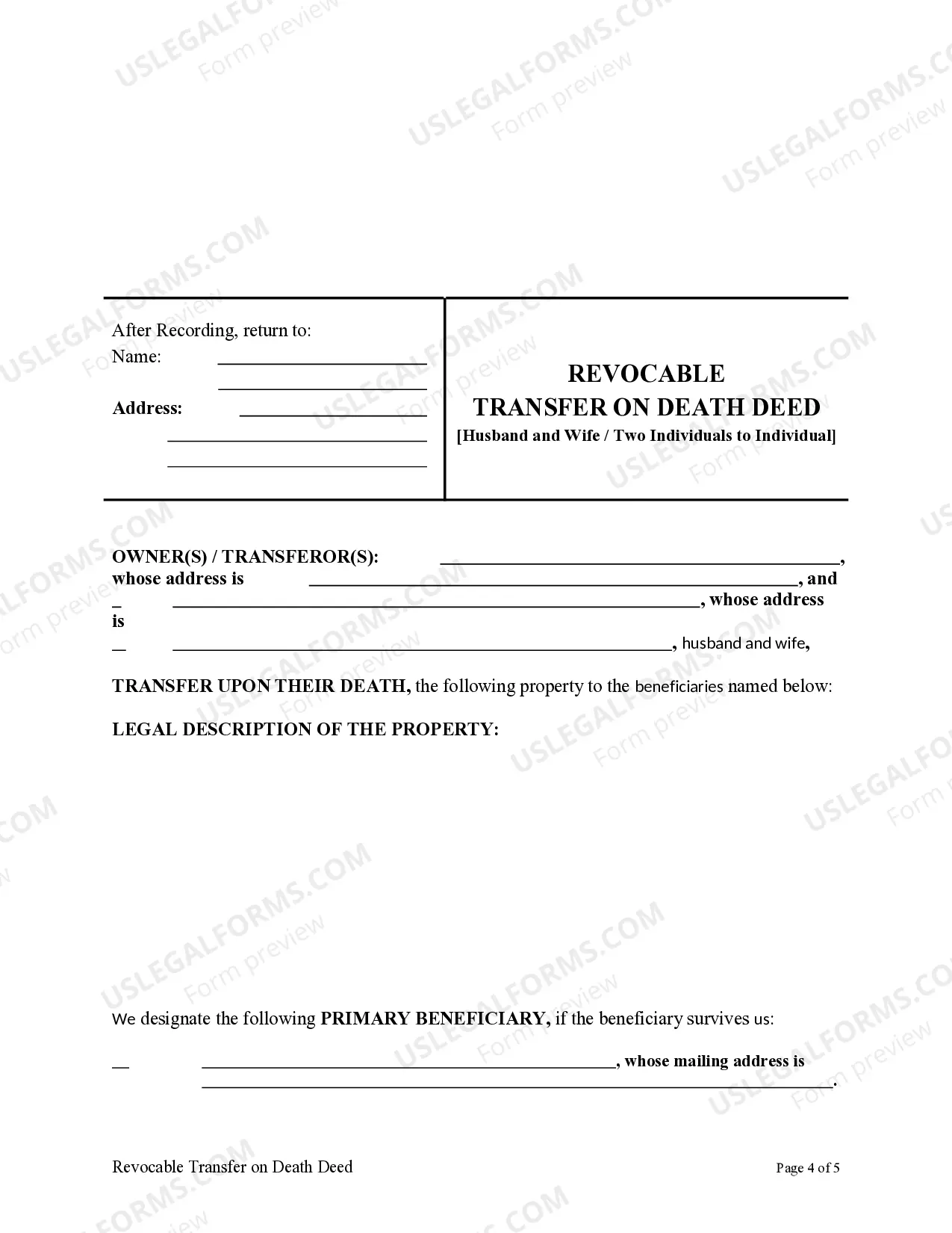 Preview Transfer on Death Deed or TOD - Beneficiary Deed for Husband and Wife / Two Individuals to Individual