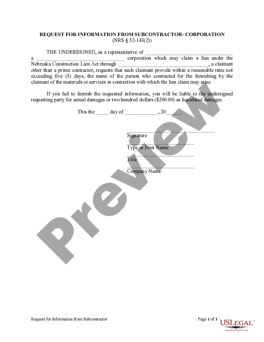 Get Request for Information from Subcontractor - Corporation Preview Request for Information from Subcontractor - Corporation