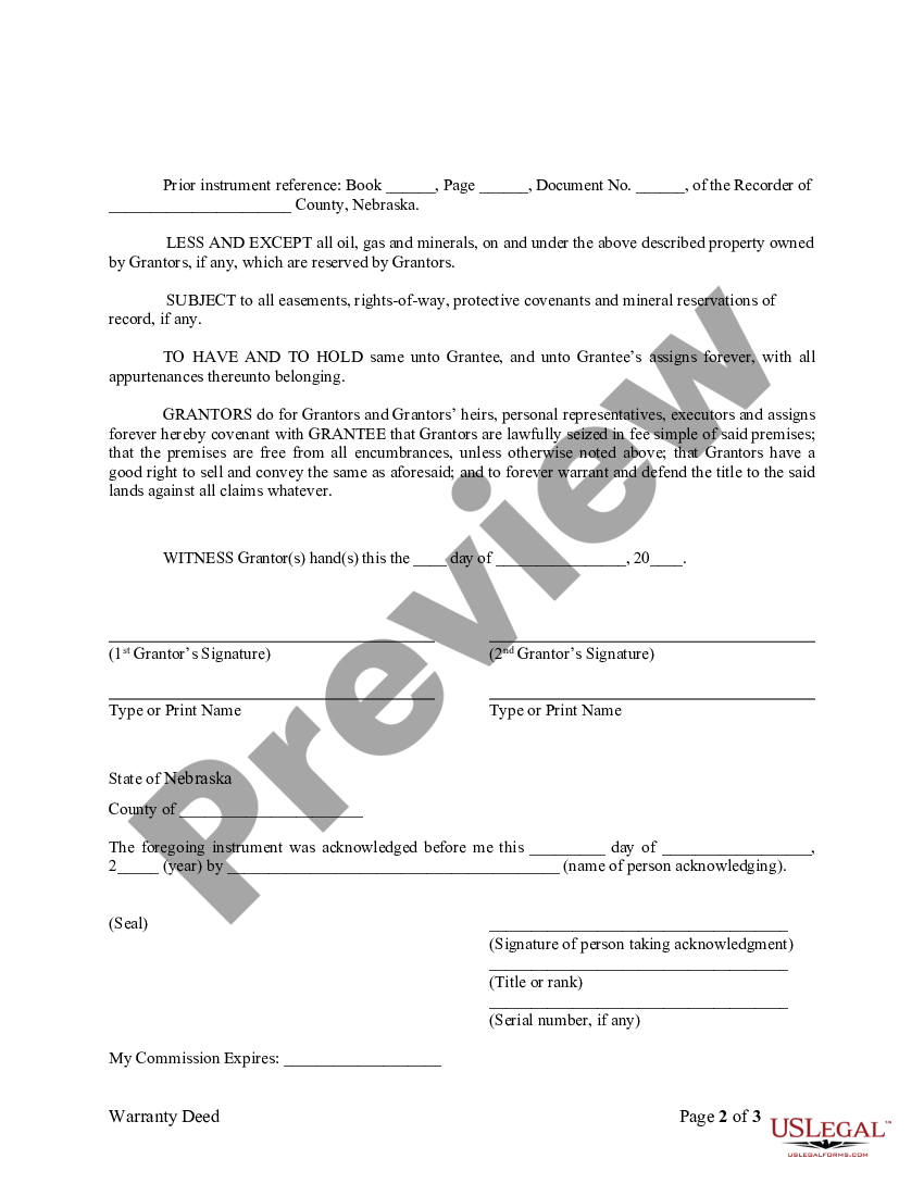 Nebraska Warranty Deed from two Individuals to LLC | US Legal Forms