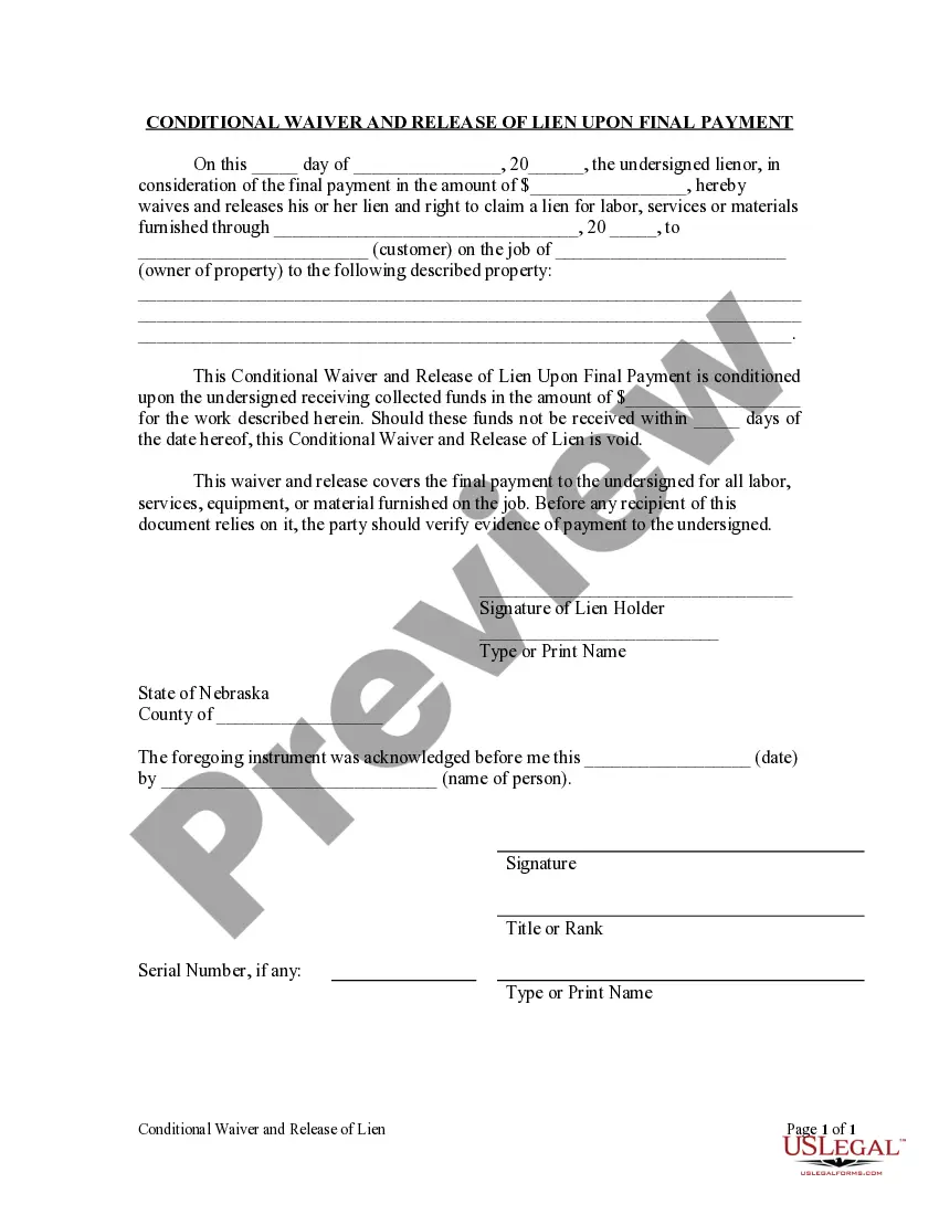 Get Conditional Waiver and Release of Lien Upon Final Payment Preview Conditional Waiver and Release of Lien Upon Final Payment