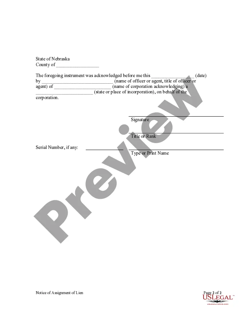Preview Notice of Assignment of Lien - Corporation