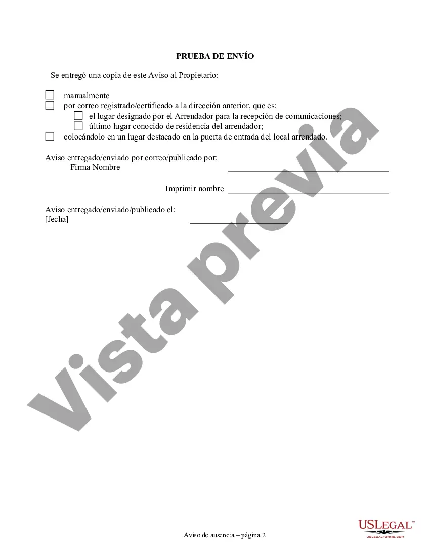 Preview Aviso de ausencia prolongada de más de siete días para residencia del inquilino al propietario