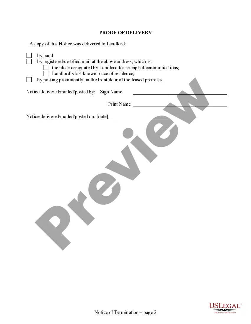Preview 5 Day Notice to Termination for Failure to Deliver Possession of Leased Premises for Residential from Tenant to Landlord