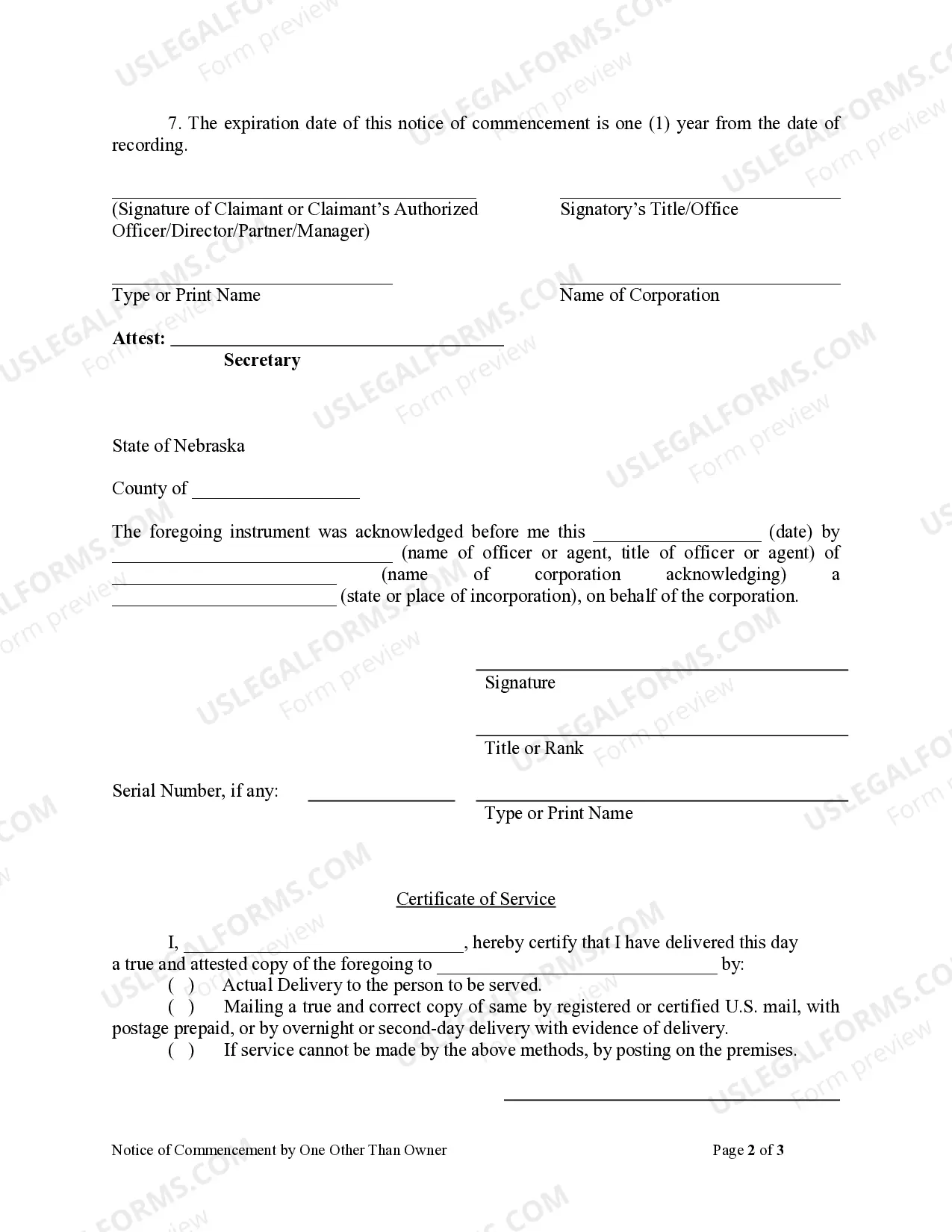 Preview Notice of Commencement by One Other Than Owner - Corporation