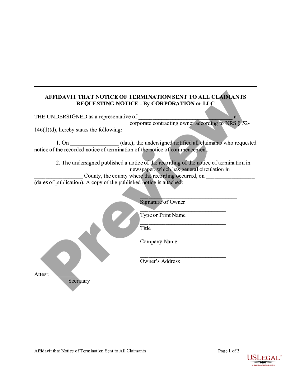 page 0 Affidavit That Notice of Termination Sent to All Claimants Requesting Notice - Corporation or LLC preview