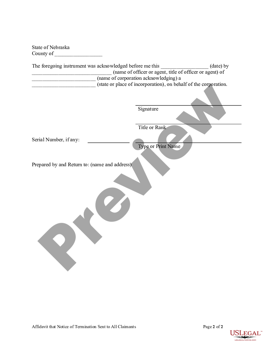 page 1 Affidavit That Notice of Termination Sent to All Claimants Requesting Notice - Corporation or LLC preview
