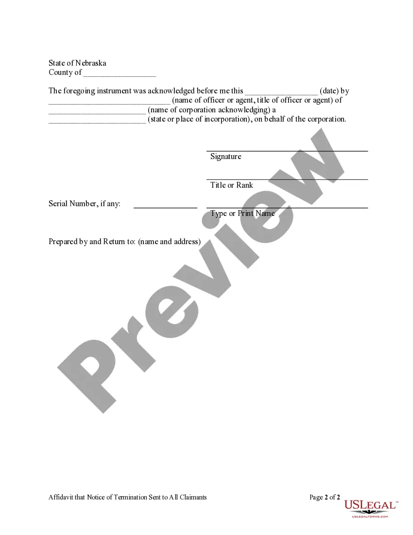 Preview Affidavit That Notice of Termination Sent to All Claimants Requesting Notice - Corporation
