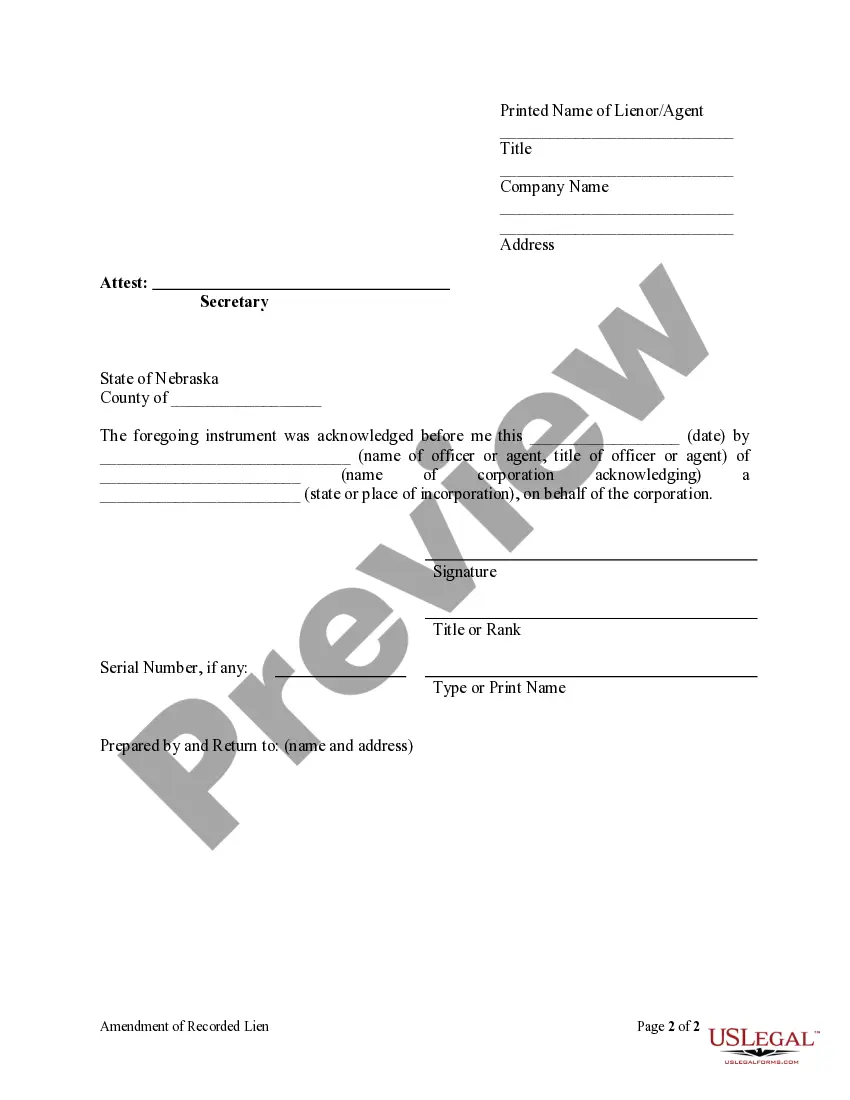 Preview Amendment of Recorded Lien - Corporation