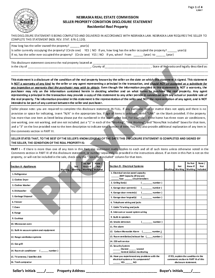 Nebraska Residential Real Estate Sales Disclosure Statement Property 