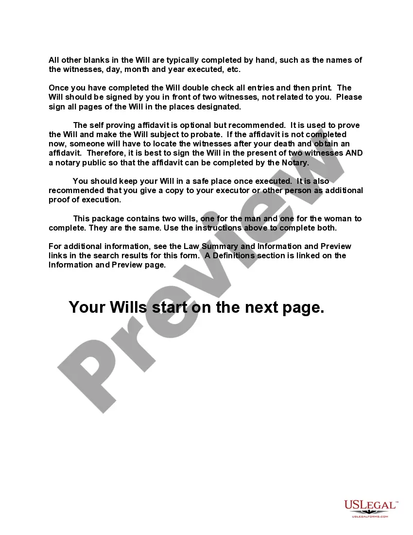 Preview Mutual Wills containing Last Will and Testaments for Man and Woman living together not Married with No Children