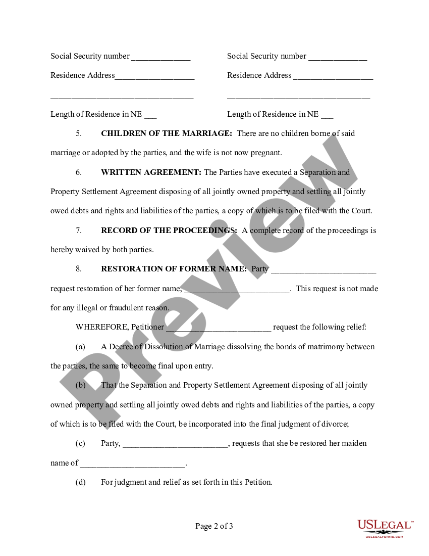 page 1 Petition for Dissolution of Marriage - No Children - Nebraska preview