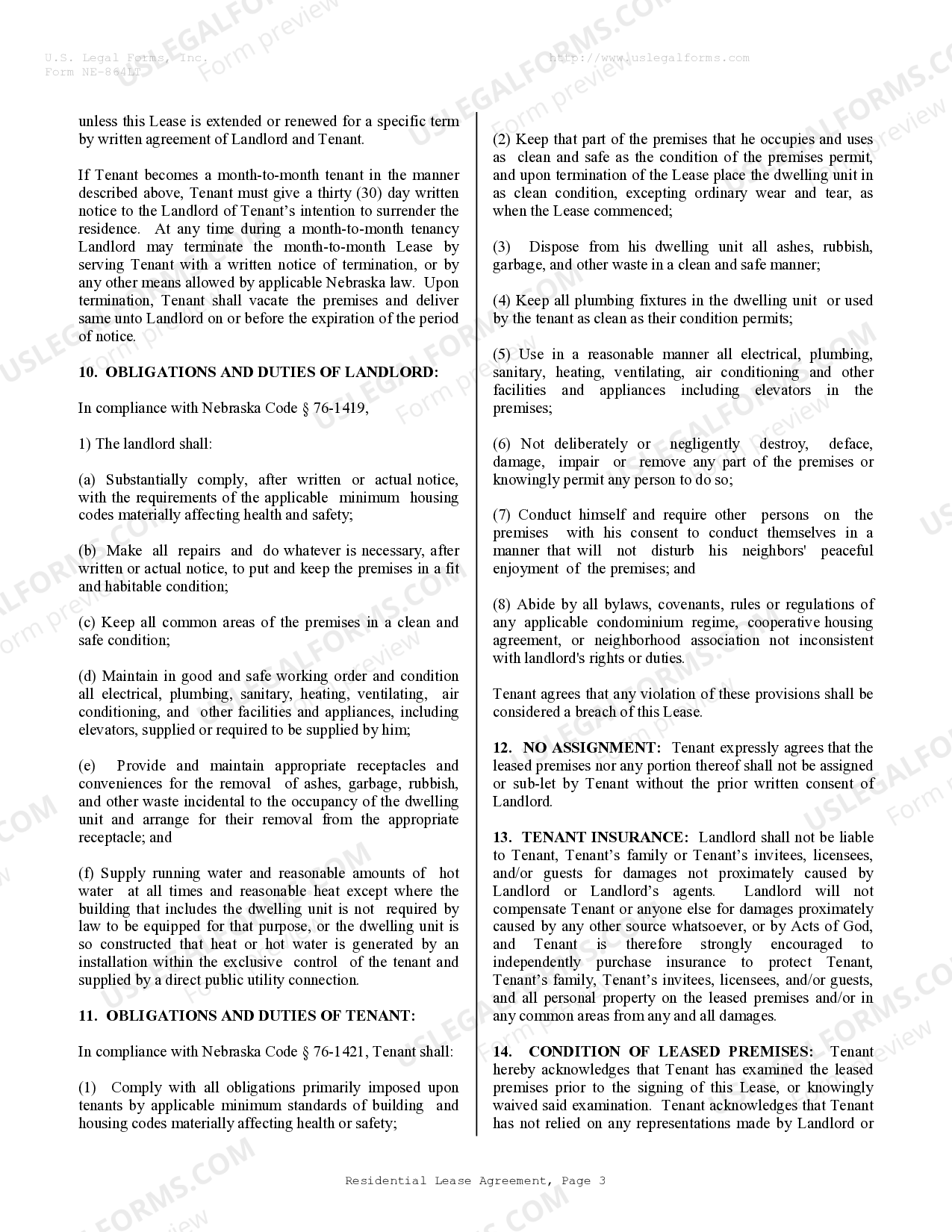 Nebraska Residential Rental Lease Agreement Nebraska Residential