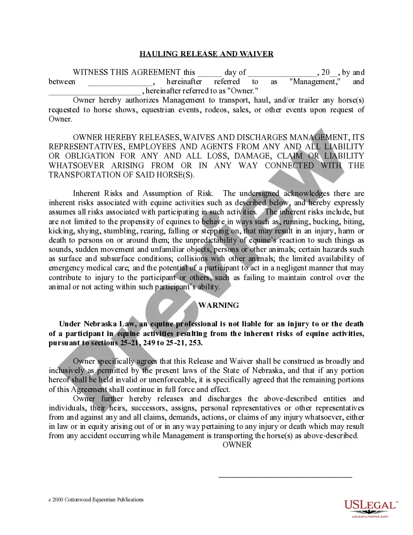 Preview Nebraska Horse Equine Forms Package