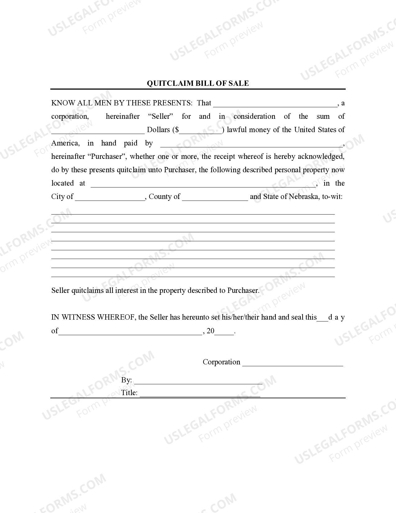 Nebraska Bill of Sale without Warranty by Corporate Seller Nebraska