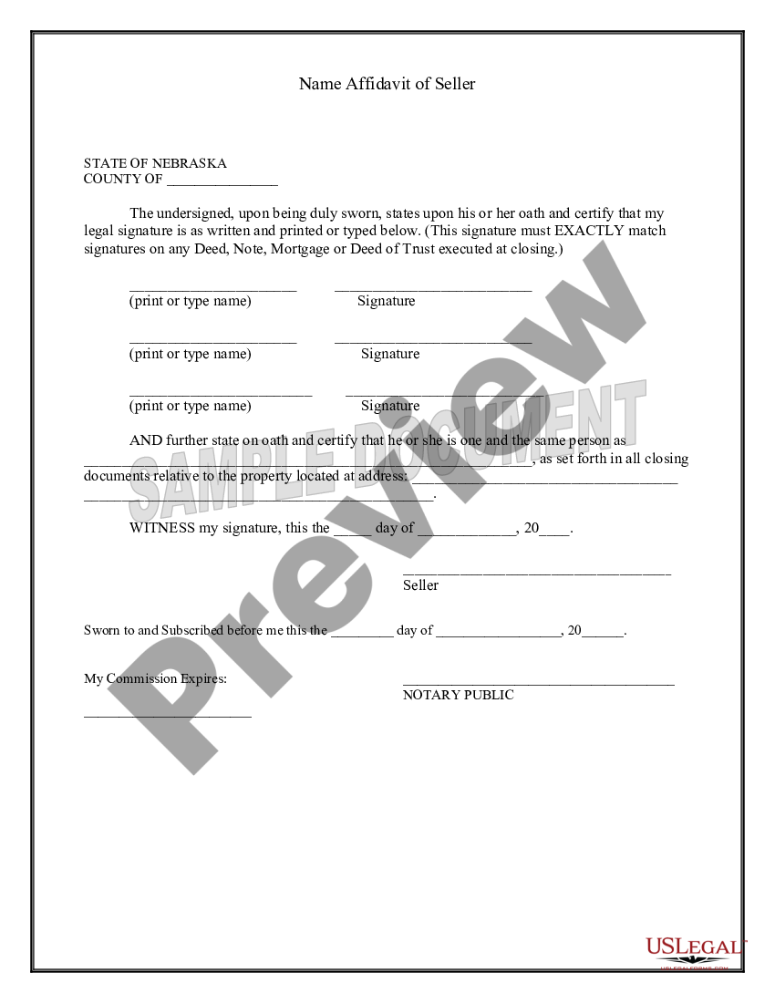 Omaha Nebraska Name Affidavit Of Seller Us Legal Forms 9599