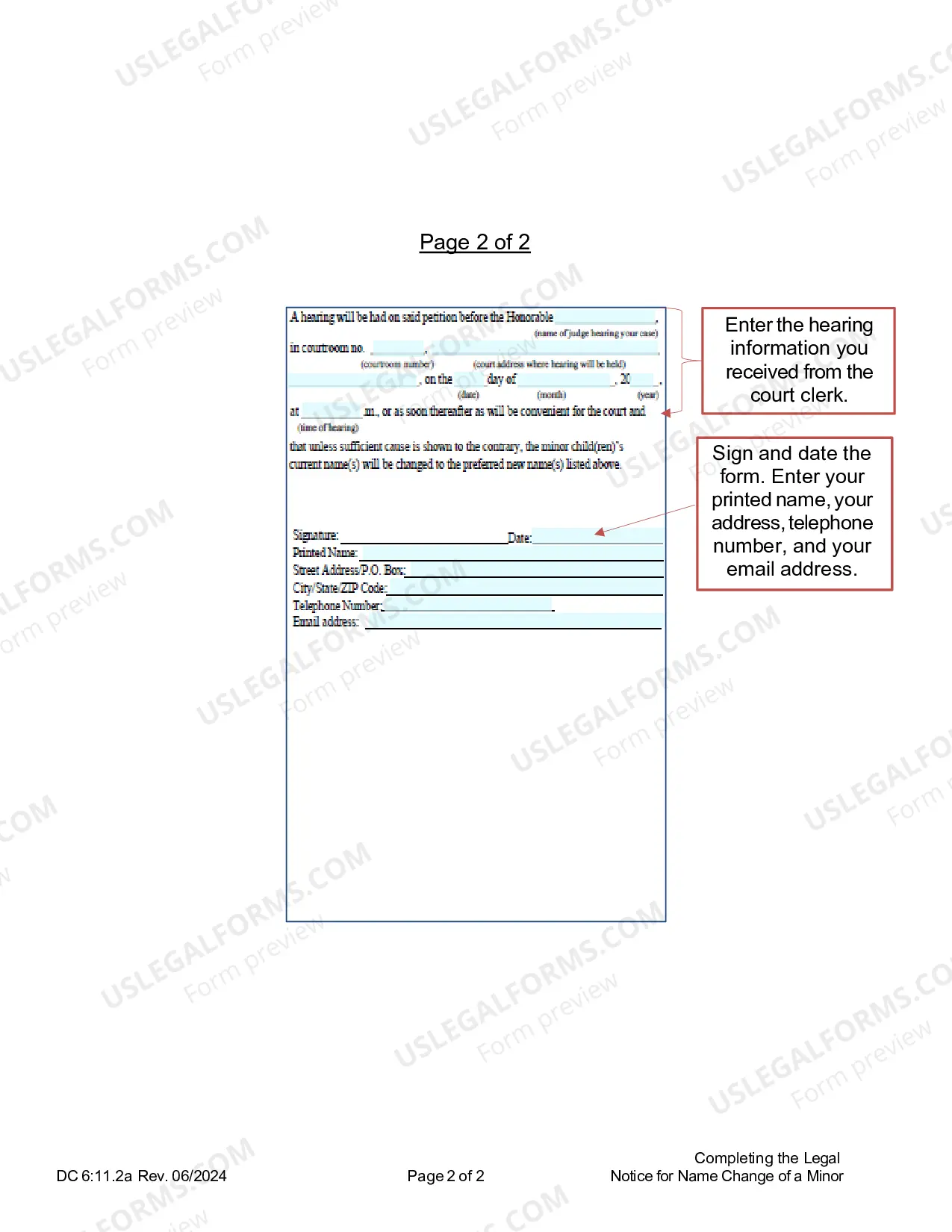Preview Instructions on Completing the Legal Notice for Name Change of a Minor Child