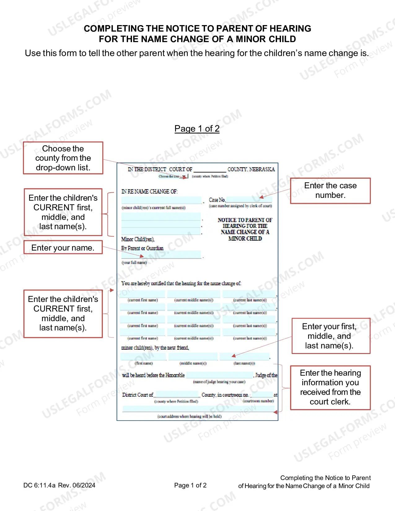 Preview Instructions on Completing the Notice to Parent of Hearing for the Name Change of a Minor Child
