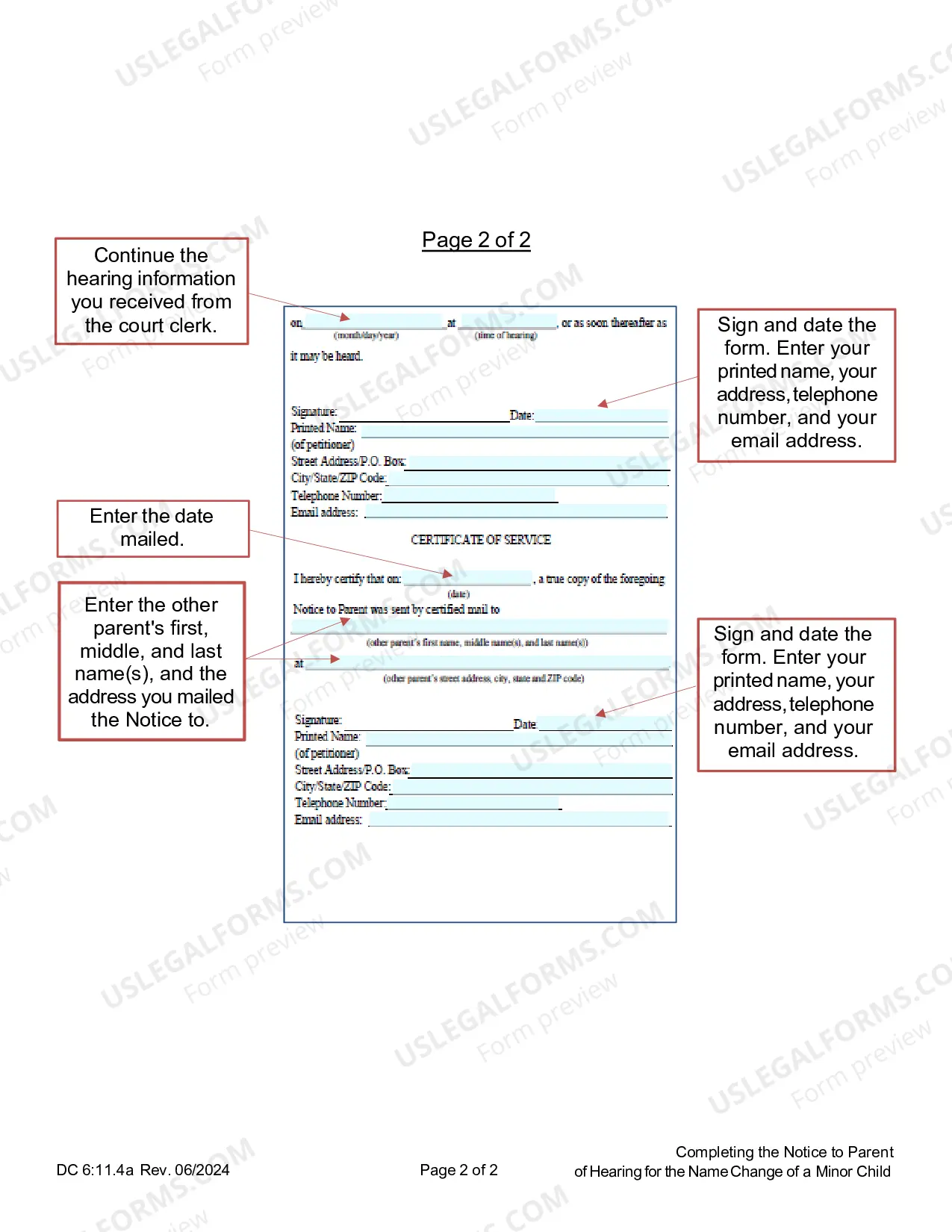 Preview Instructions on Completing the Notice to Parent of Hearing for the Name Change of a Minor Child