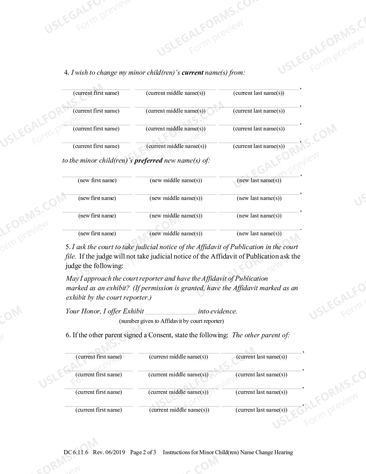 Preview Instructions for Minor Child(ren) Name Change Hearing