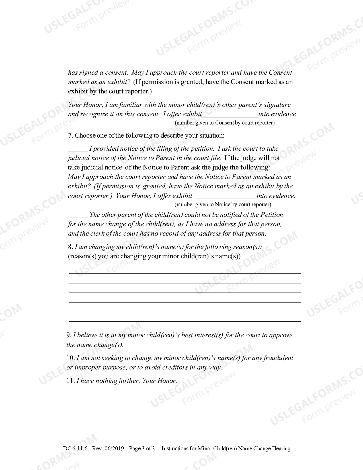 Preview Instructions for Minor Child(ren) Name Change Hearing