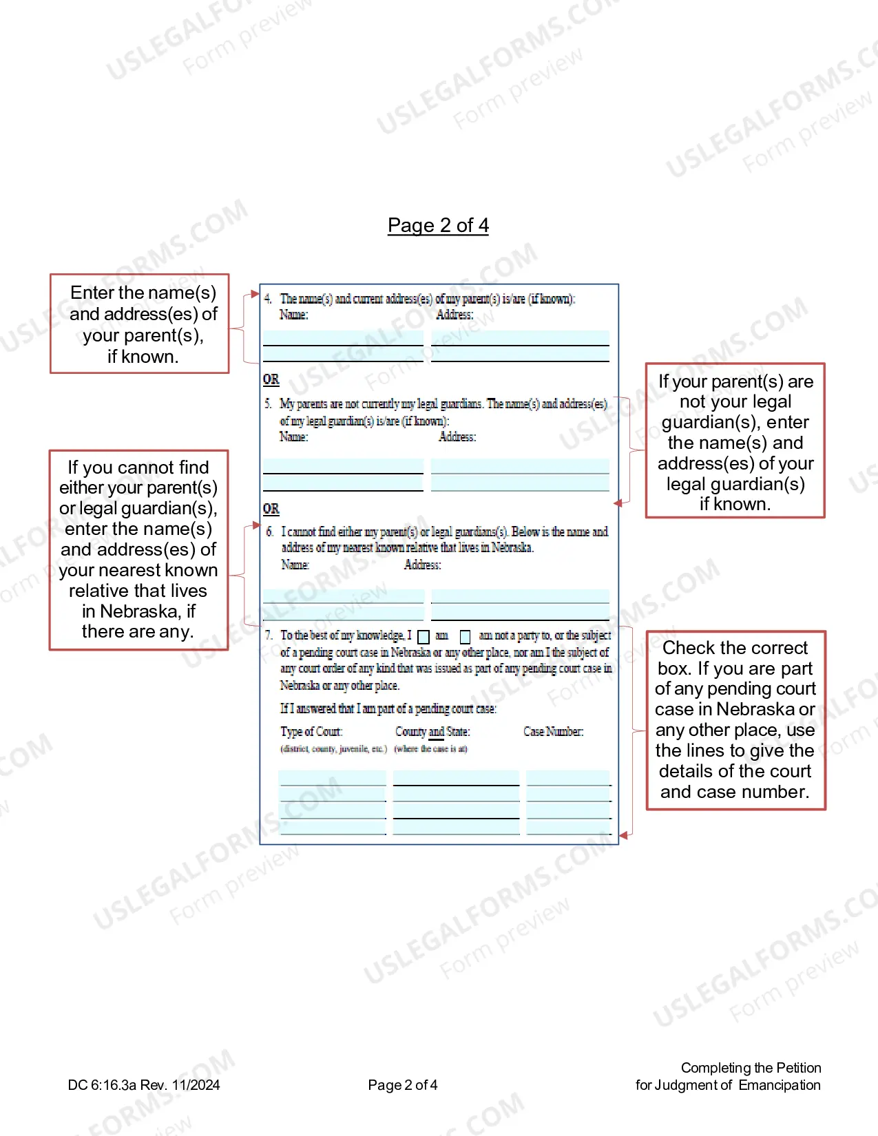Preview Instructions for Completing Petition for Judgment of Emancipation