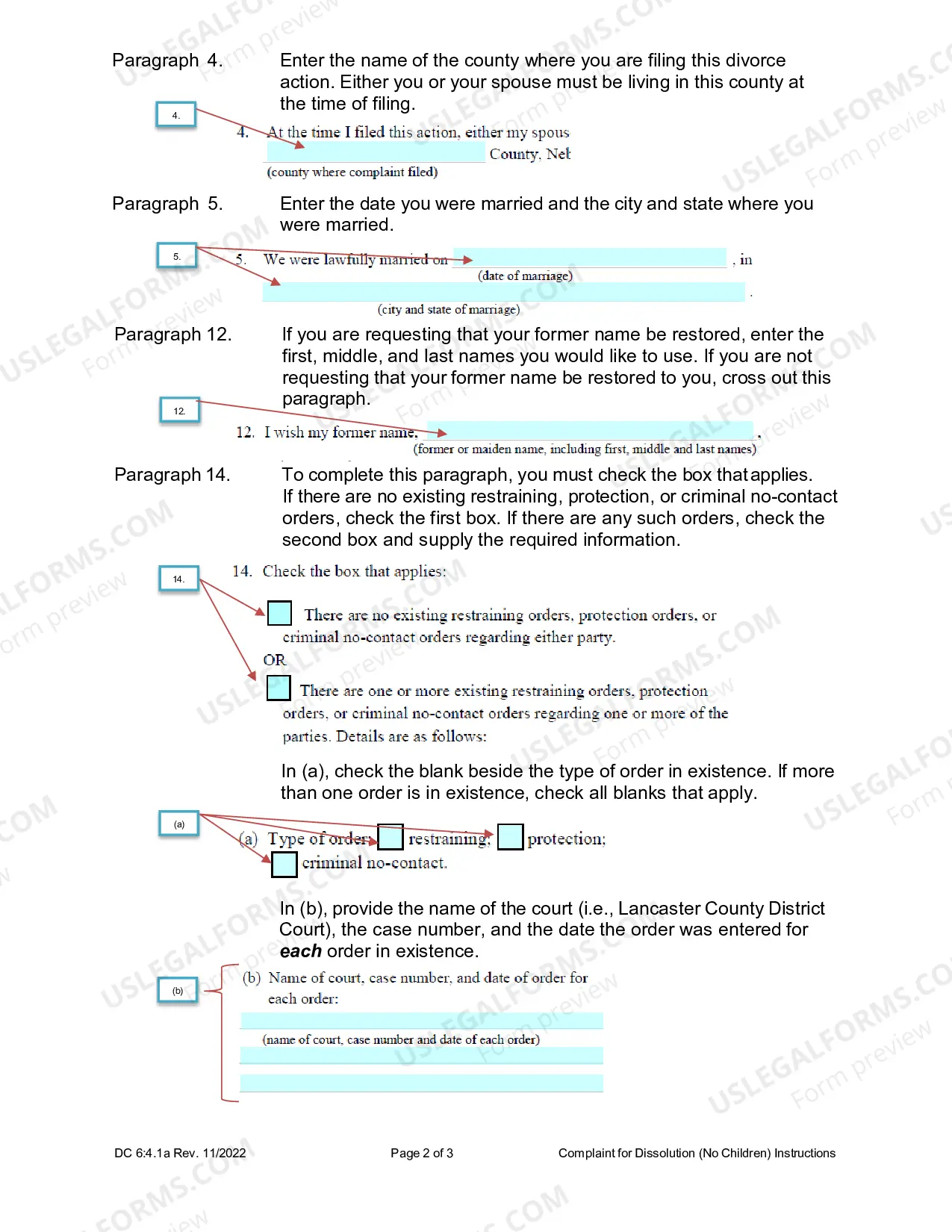 Preview Instructions for Filling Out Complaint for Dissolution of Marriage - Adult or No Children