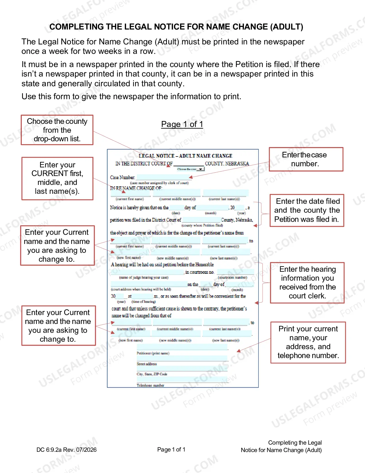 Preview Instructions on Completing the Legal Notice for Name Change for an Adult