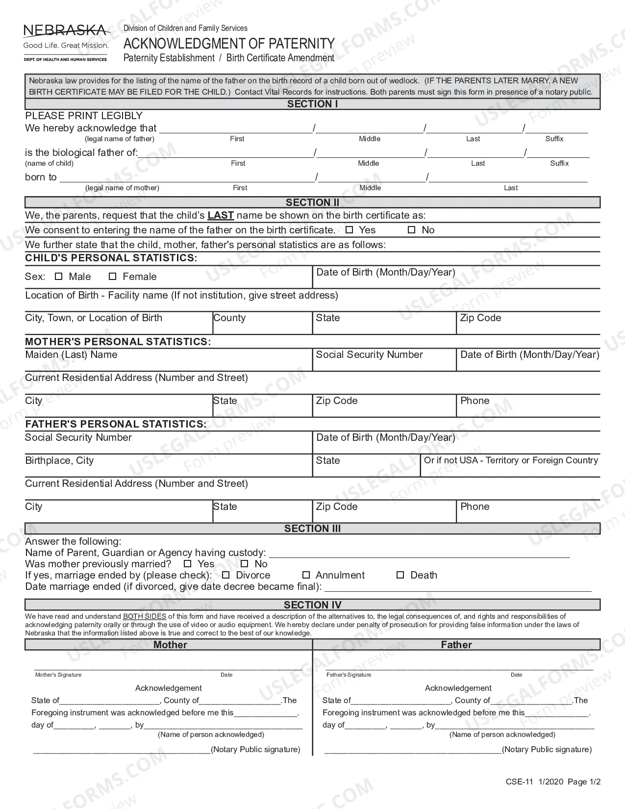 Preview Acknowledgment of Paternity - Paternity Establishment - Birth Certificate Amendment
