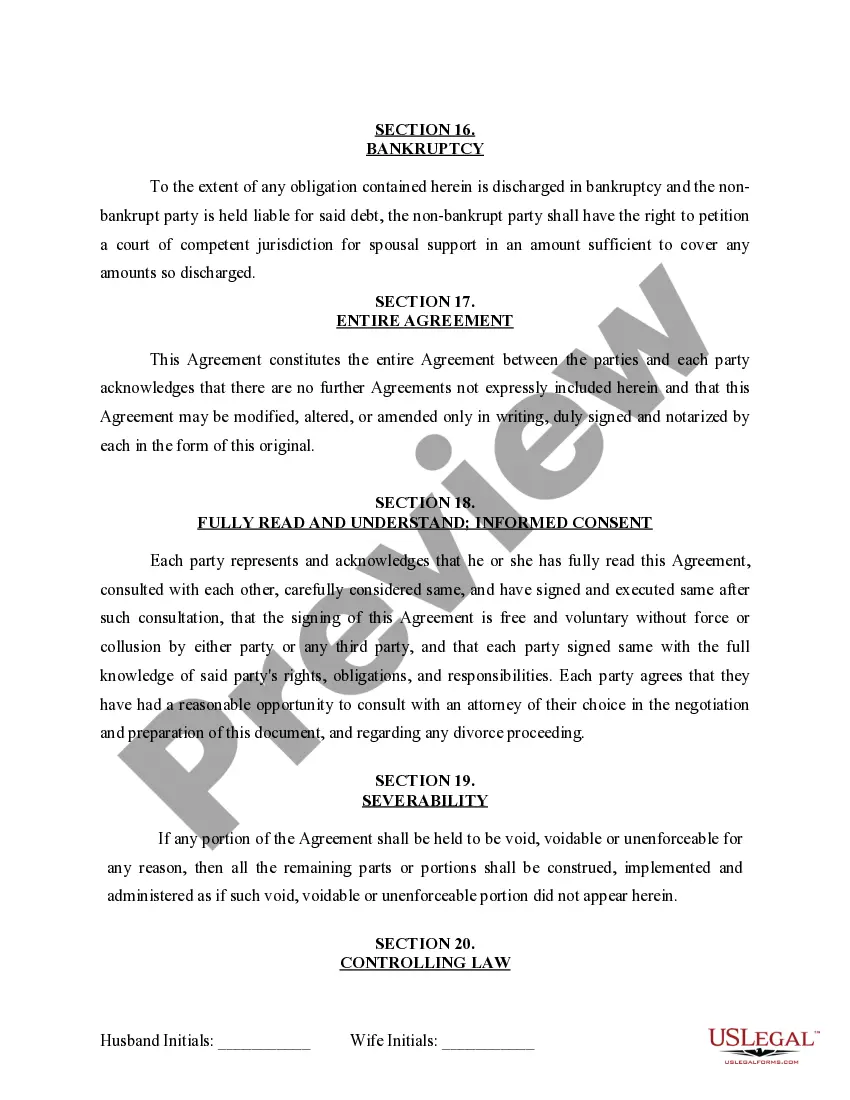 Preview Marital Domestic Separation and Property Settlement Agreement for persons with No Children, No Joint Property or Debts where Divorce Action Filed