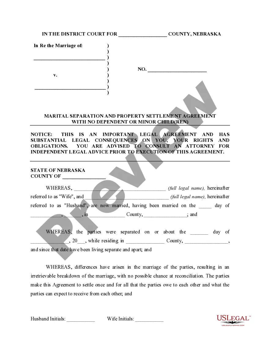 Preview Marital Domestic Separation and Property Settlement Agreement for persons with No Children, No Joint Property or Debts where Divorce Action Filed