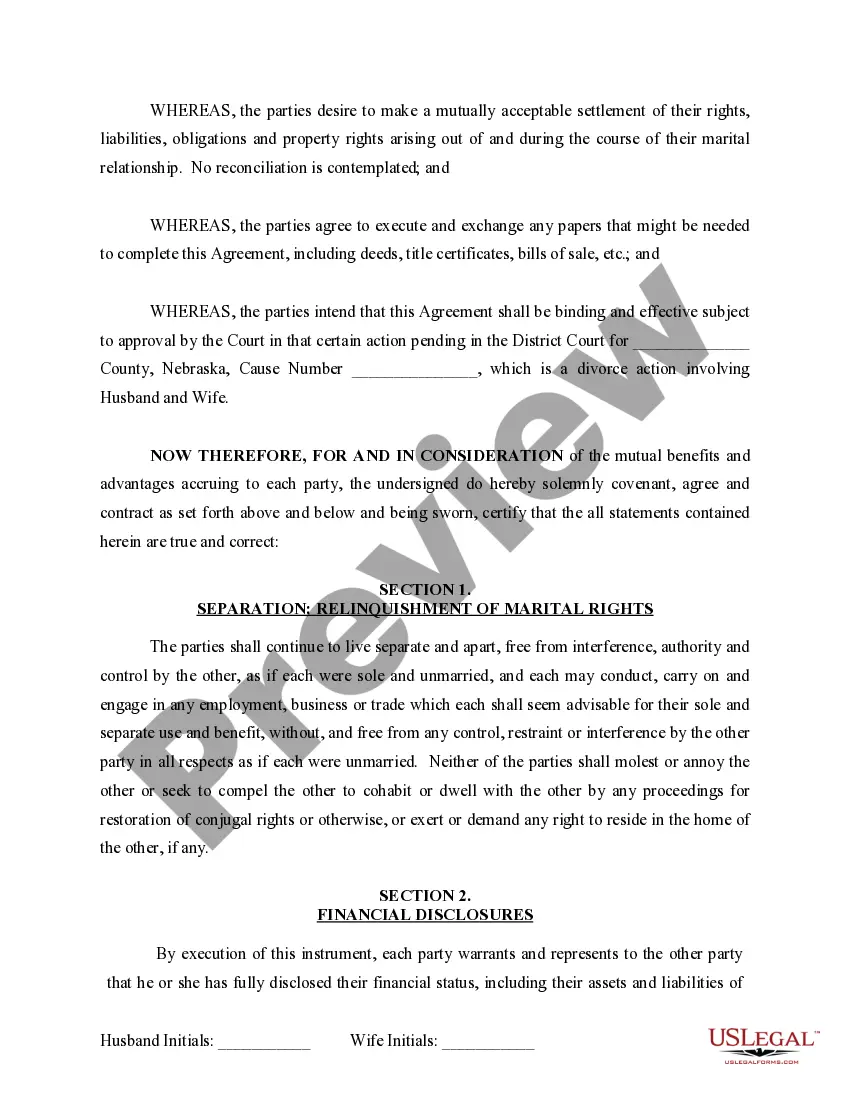 Preview Marital Domestic Separation and Property Settlement Agreement for persons with No Children, No Joint Property or Debts where Divorce Action Filed