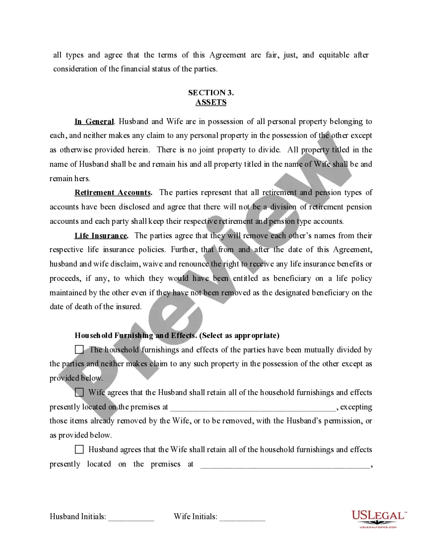 Preview Marital Domestic Separation and Property Settlement Agreement for persons with No Children, No Joint Property or Debts where Divorce Action Filed