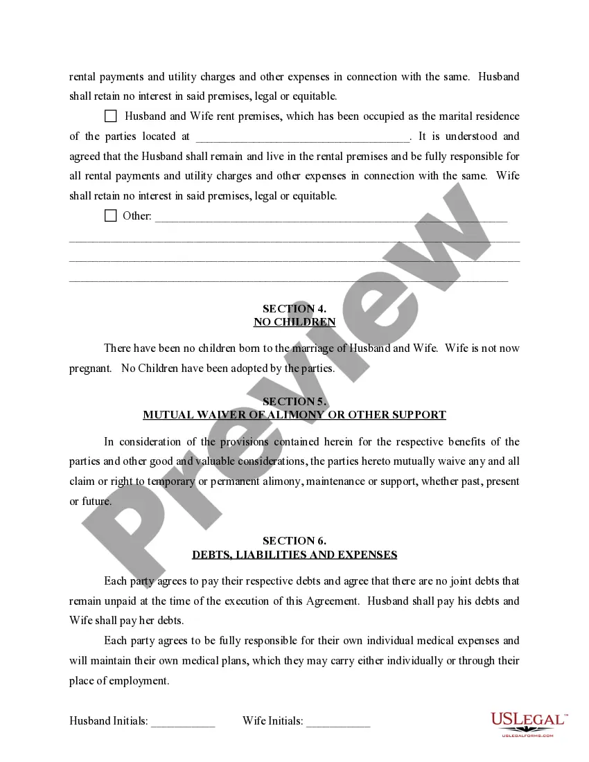 Preview Marital Domestic Separation and Property Settlement Agreement for persons with No Children, No Joint Property or Debts where Divorce Action Filed