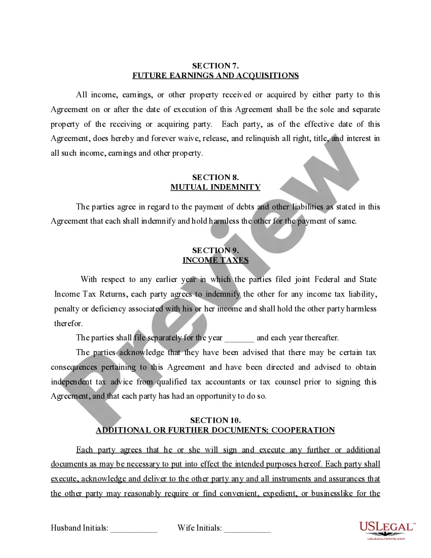 Preview Marital Domestic Separation and Property Settlement Agreement for persons with No Children, No Joint Property or Debts where Divorce Action Filed