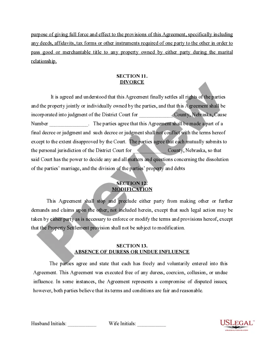 Preview Marital Domestic Separation and Property Settlement Agreement for persons with No Children, No Joint Property or Debts where Divorce Action Filed