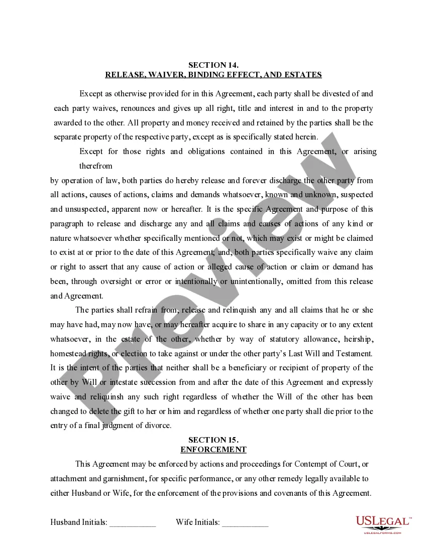 Preview Marital Domestic Separation and Property Settlement Agreement for persons with No Children, No Joint Property or Debts where Divorce Action Filed
