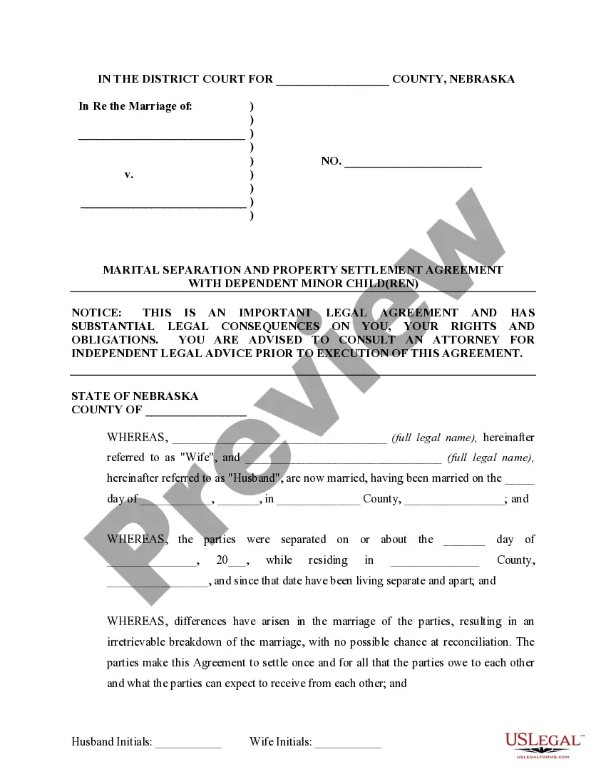 Preview Marital Domestic Separation and Property Settlement Agreement Minor Children no Joint Property or Debts where Divorce Action Filed