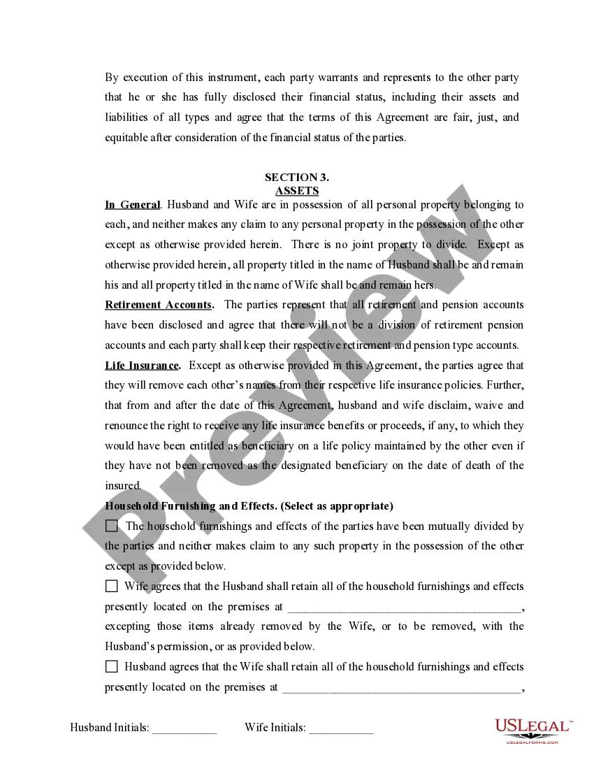 Preview Marital Domestic Separation and Property Settlement Agreement Minor Children no Joint Property or Debts where Divorce Action Filed