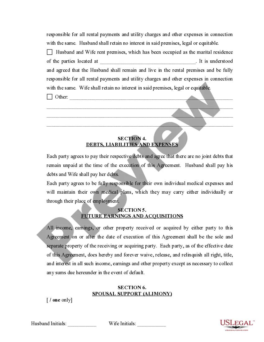 Preview Marital Domestic Separation and Property Settlement Agreement Minor Children no Joint Property or Debts where Divorce Action Filed