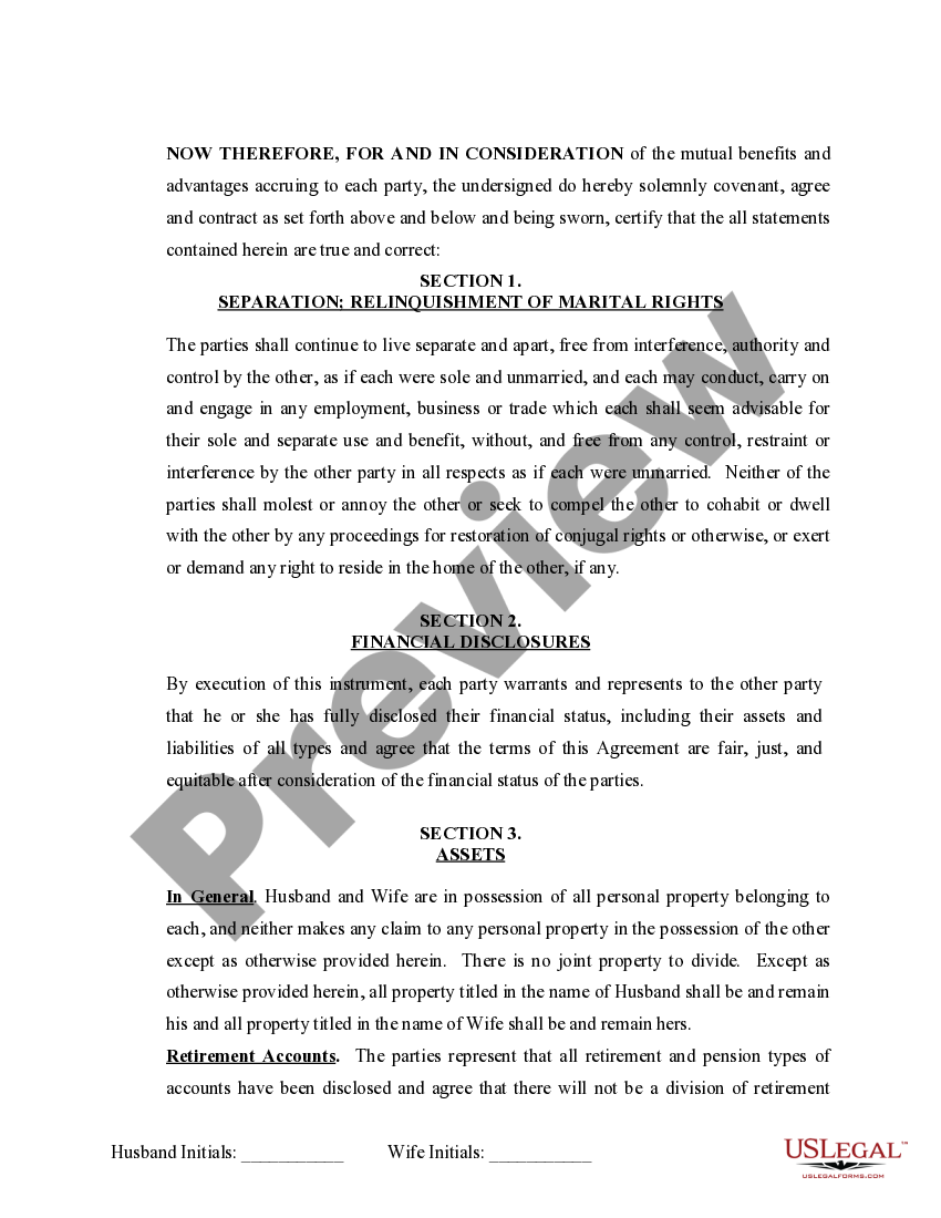 Nebraska Marital Domestic Separation and Property Settlement Agreement