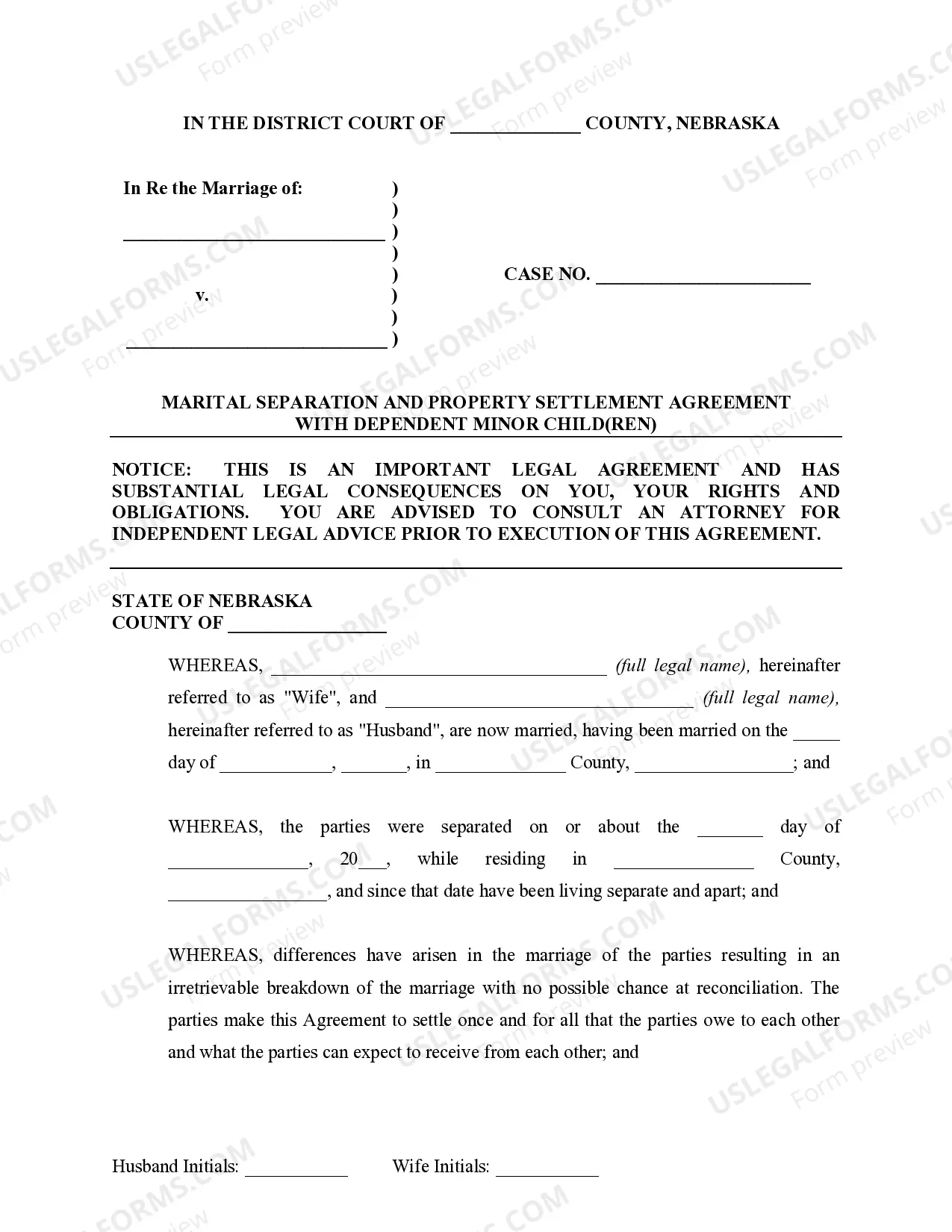 Preview Marital Domestic Separation and Property Settlement Agreement Minor Children Parties May have Joint Property or Debts where Divorce Action Filed