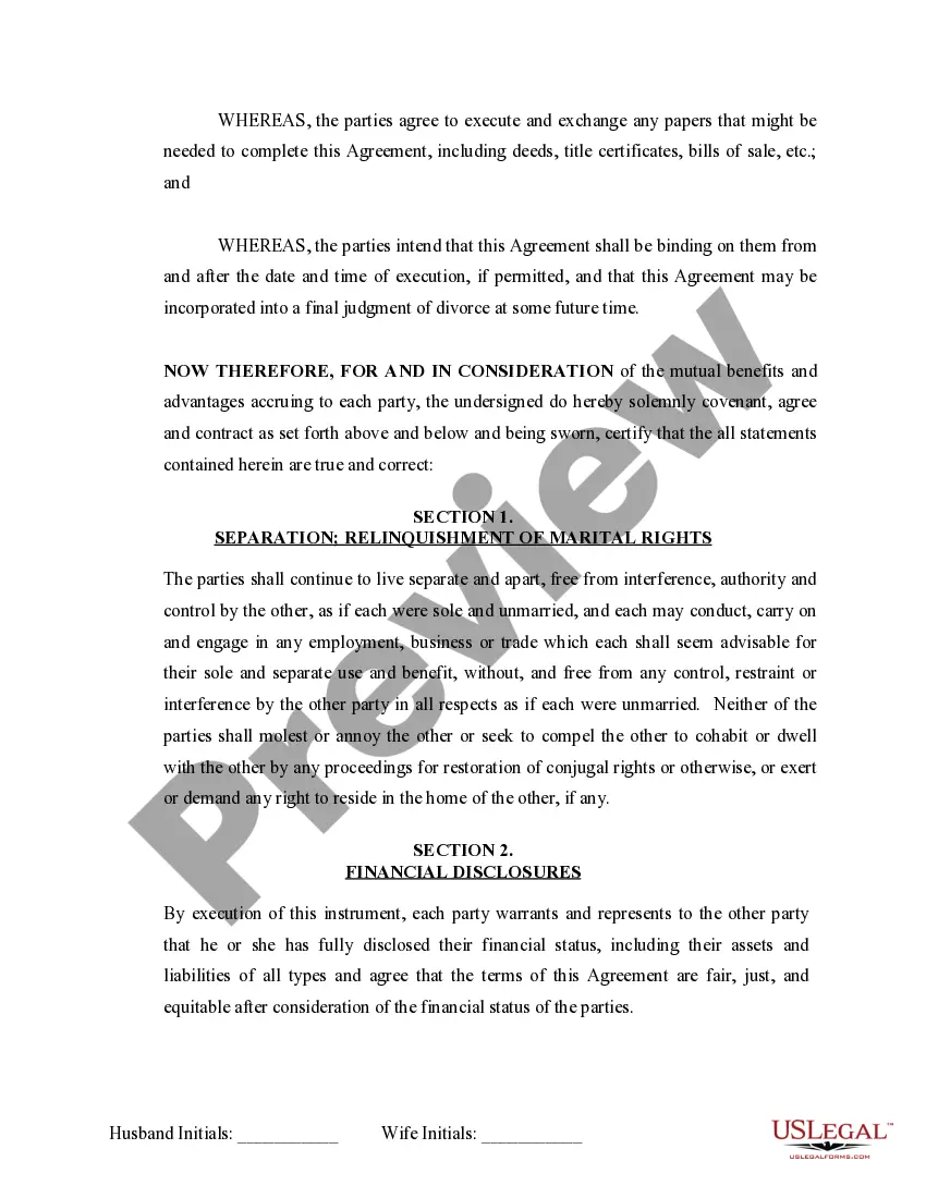 Preview Marital Domestic Separation and Property Settlement Agreement Minor Children Parties May have Joint Property or Debts effective Immediately