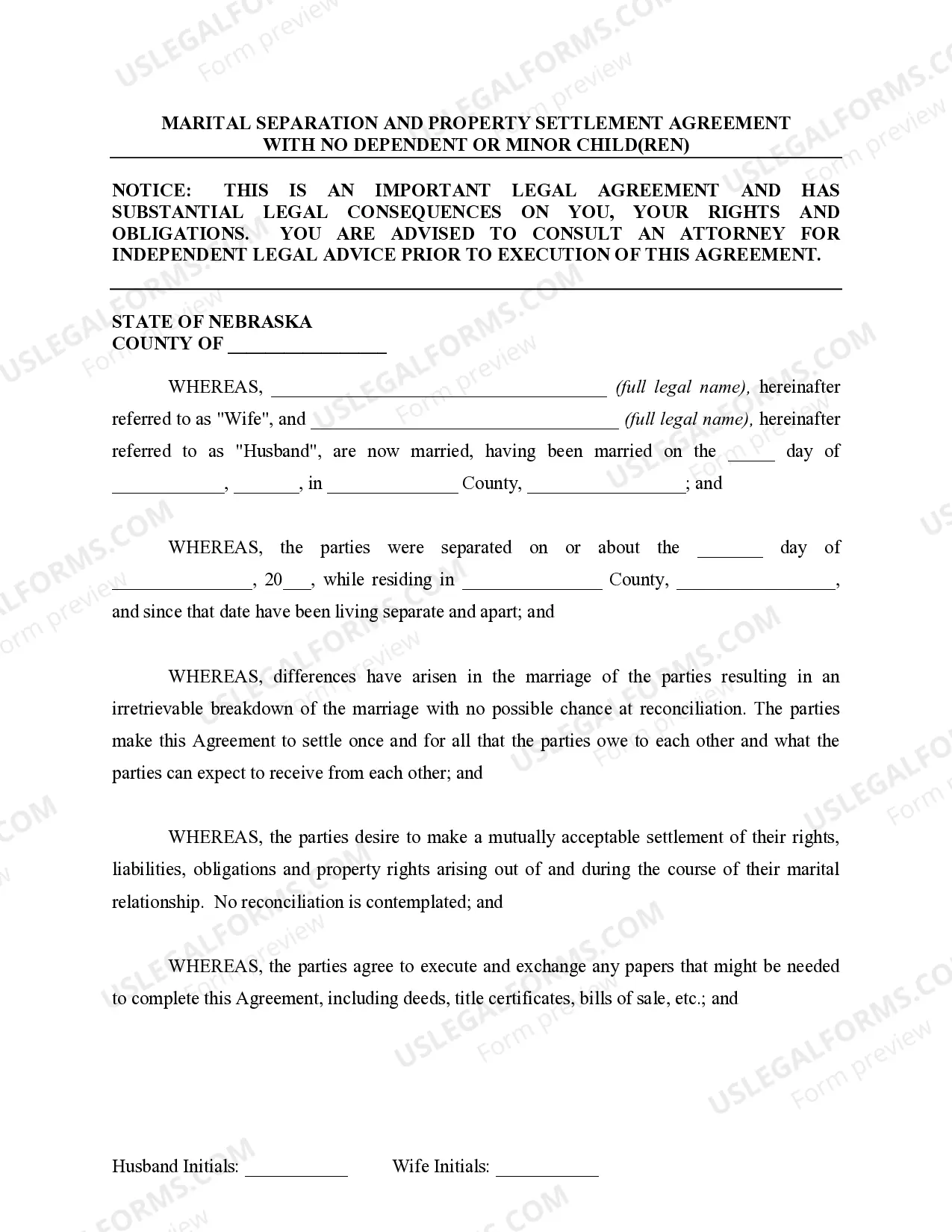Preview Marital Domestic Separation and Property Settlement Agreement for persons with no Children, no Joint Property, or Debts Effective Immediately